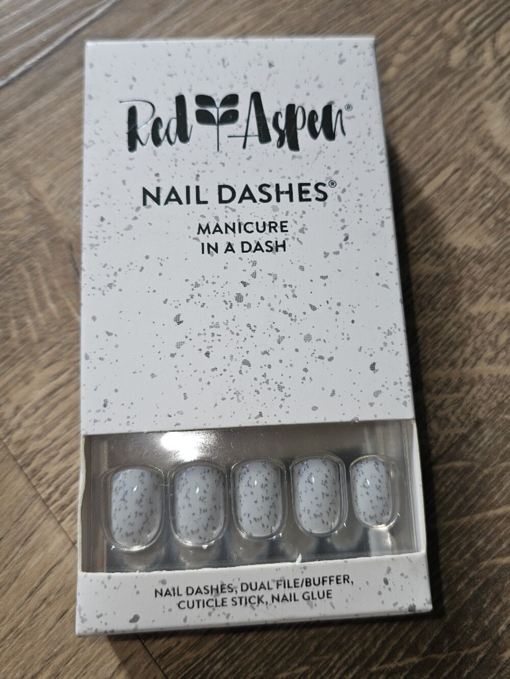 Red Aspen Speckled Grey On White Nail Dashes Press-On Nails. New. Unopened